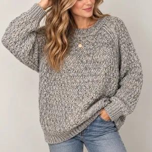 Gray Marled Chunky Open Knit Oversized Sweater Fisherman Cozy Cabin Crewneck thumbnail 1