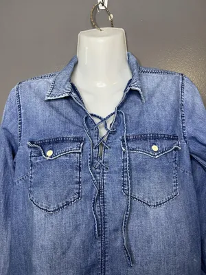 Madewell Blouse Womens XS Blue Chambray Lace Up Long Sleeve Tunic Top Denim thumbnail 2
