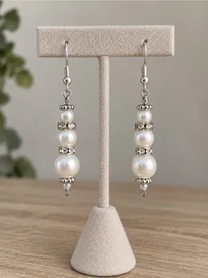 NEW Artisan Dangle Earrings 2.25” Handcrafted Ivory Pearl Rhinestone Silver Tone thumbnail 2