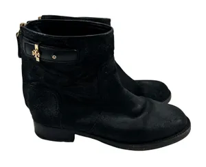 Tory Burch Selena distressed suede leather moto boots black zip close TB size 8 thumbnail 1