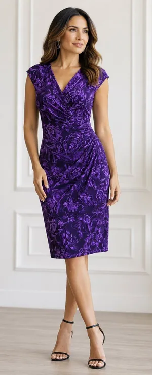 Lauren Ralph Lauren Purple Floral Faux Wrap Ruched Dress Size 4 thumbnail 1