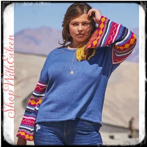 Killian BoHo Bohemian Patterned Sleeve Dusty Blue Bell Sleeve Sweater NWT thumbnail 5