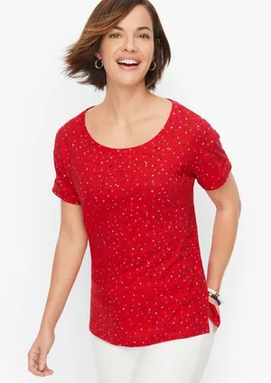 Talbots red ROLL CUFF SCOOP NECK T-shirt MINI STARS linen blend size medium thumbnail 1