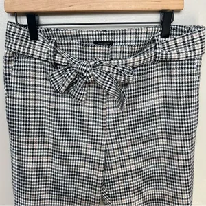Ann Taylor Factory Houndstooth Plaid Checkered Pants Tie Belt Black White Tan 8 thumbnail 2