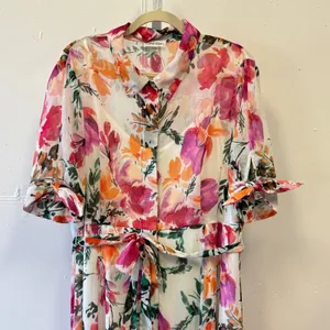 Calvin Klein Floral Midi Shirtdress Pink‎ Orange Watercolor Button Front Size 16 thumbnail 3