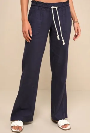 Roxy Oceanside Navy Blue Linen Drawstring Flare Pants Size L thumbnail 1