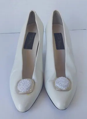 Vintage Sesto Meucci Off White Leather Italian Pumps With Rosette Size 7 1/2 thumbnail 1