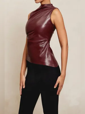HOUSE OF CB ALLEGRA Wine Vegan Leather Asymmetric Top, Size X-Small, $148 thumbnail 5
