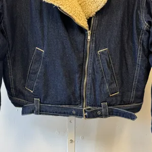 PacSun Denim Sherpa Lined Biker Jacket Dark Wash Faux Fur Moto Coat M/L thumbnail 5