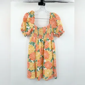 House of Harlow‎ 1960 Smocked Linen Dress Orange Flower Print Mini Size XS thumbnail 2