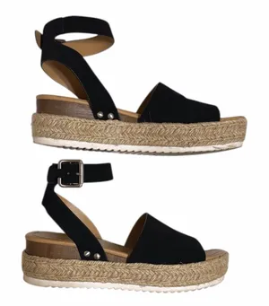 SODA black platform sandals, ankle strap, open front and back, jute accent, 7.5 thumbnail 1