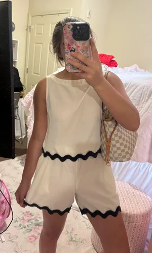 SheIn Cream Romper with Black Scallop Trim thumbnail 1