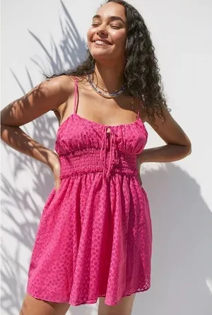 Urban Outfitters Riley Smocked Waist Pink Mini Dress Size Medium thumbnail 1