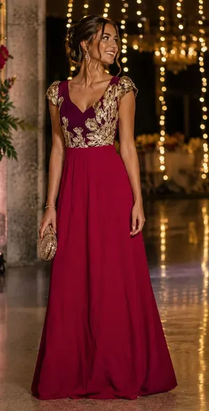 Mango Suit Burgundy Gold Embroidered Evening Gown Fits Medium thumbnail 1