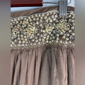 BCBGMaxAzria S Cotton Tiered Brown Embellished Beaded Waist Midi Skirt thumbnail 5