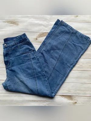 Light weight medium wash wide leg flare contour stitching pull on denim jeans 12 thumbnail 6