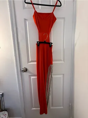 Red Strappy Cutout Evening Dress with Fringe thumbnail 9