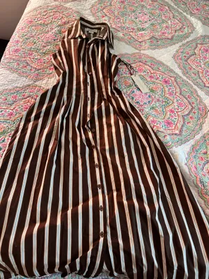 Brown striped button down maxi dress thumbnail 1
