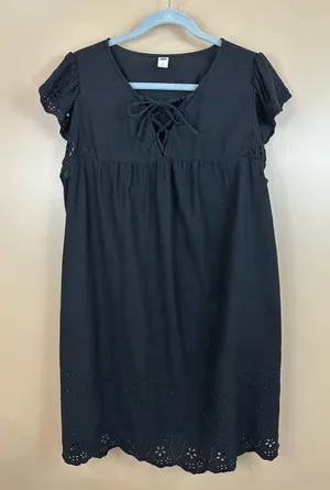 Old Navy Black Linen Blend Eyelet Lace Flutter Sleeve Empire Swing Dress Large thumbnail 1