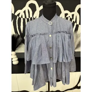 Zara Basic Chambray Ruffle Button Front Blouse Women’s XS Blue Long Sleeve EUC thumbnail 2