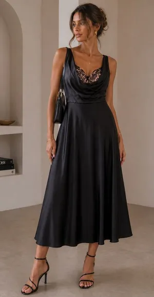 Sau Lee Black Satin Lace Bodice Drape Midi Dress Womens Size US 8 New NWT thumbnail 1