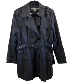 Kenneth Cole Reaction Black Trench‎ Coat Medium Belted Double Breasted thumbnail 1