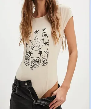 Free People Desert Darling Short Sleeve Western Horseshoe Bodysuit Top Cream L thumbnail 1