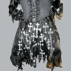 Gothic Black torn shredded look Dress with White Cross Pattern Size L thumbnail 5