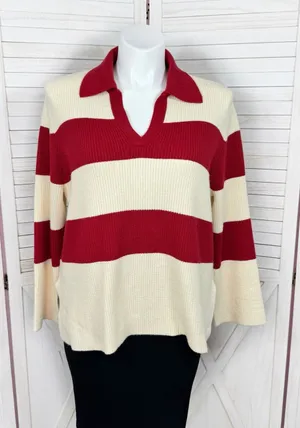 A New Day Rugby Stripe Polo Collar‎ Oversized Sweater Cream Red Large Preppy thumbnail 1
