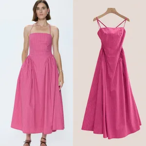 Pistola Sadee Open Back Midi Dress Magenta Pink Stripe Cotton Summer Sundress L thumbnail 2