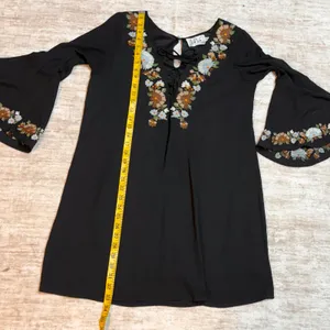 Va Va Joy Han Womens Small Black Embroidered Floral Midi Dress Retro Bell Sleeve thumbnail 4