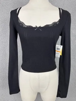 Sugar Moon Layered Look Pointelle Knit Long Sleeve Crop Top Shirt Black Medium thumbnail 1