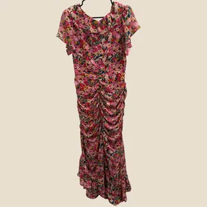 ASTR The Label Vilma Floral Ruched Ruffle Midi Dress‎ Pink Multi Large Preppy thumbnail 3