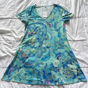 NWT Mandala V-Neck A-Line Midi Dress Blue Turquoise Boho Short Sleeve XL Hippie thumbnail 1