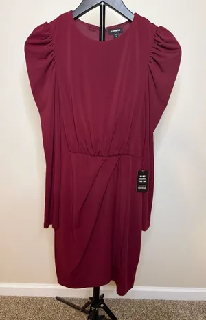 Express‎ Women's Burgundy Puff Sleeve Wrap-Front Dress Size XS thumbnail 1