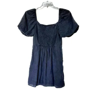 Abercrombie & Fitch Puff Sleeve Linen Mini Dress Square Neck Black M thumbnail 3