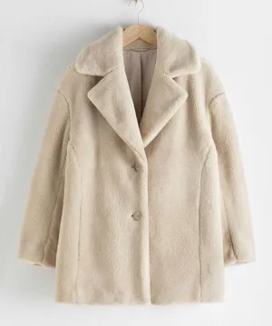 & Other Stories Cream Faux Fur Wool Blend Collared Coat thumbnail 2
