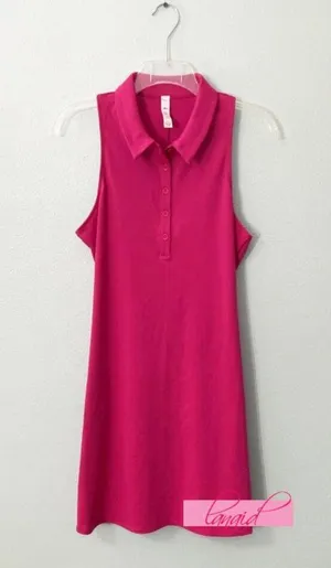 Alo Charmed Tennis Dress Magenta Crush Button-Up V-Neck Sleeveless Henley Mini L thumbnail 12