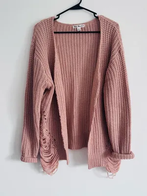 Blush Pink Chunky Knit Fringe Cardigan Oversized Boho Cozy Sweater thumbnail 2