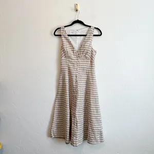 Reformation | Sebastien 100% Linen Gingham Button Front Midi Dress in Natural thumbnail 6