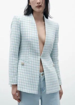 ZARA houndstooth lapelless blazer thumbnail 1
