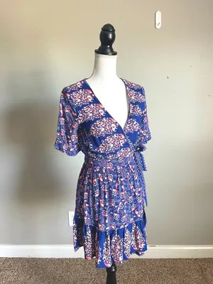 DEBBIE DABBIE | Blue & Pink Floral Print Wrap Mini Dress Sz 8 thumbnail 4