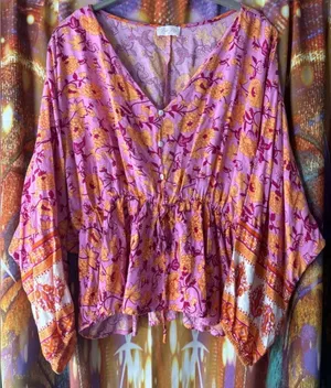 Pink Lily Floral V-Neck Smocked Waist Balloon Sleeve Peasant Blouse✨ thumbnail 1