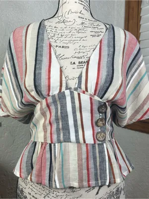 House Of Harlow x REVOLVE Striped Linen Blend Bell Sleeve V Neck Blouse Size S thumbnail 2