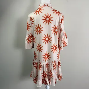 Petal & Pup Ren Soleil Sun Print Mini Dress Ruffle Bell Sleeve Cream Orange Med. thumbnail 4