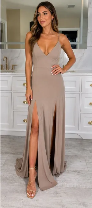 Maxi Dress Womens M Taupe Deep V-Neck Double Slit Open Back Gown thumbnail 1