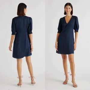 Quince • Washable Stretch Silk Puff Sleeve Mini Dress navy blue v neck thumbnail 12
