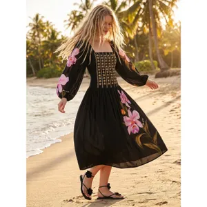 FARM Rio Embroidered Goddess Orchid Floral Long Sleeve Midi Dress Black Small thumbnail 15