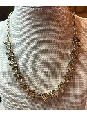 Vintage 80s Gold Faux Mother of Pearl Lucite Heart Rhinestone Choker Necklace thumbnail 6