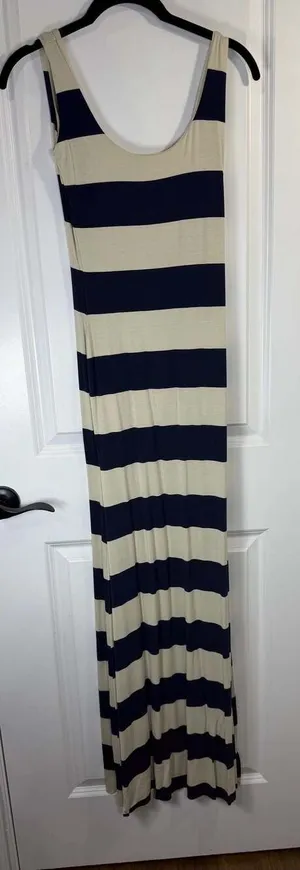 PinkBlush Navy Blue & Beige Striped Sleeveless Low Back Knit Maxi Dress thumbnail 1